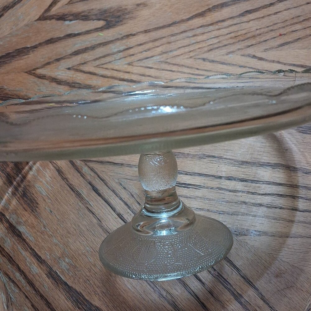 Jeanette Pressed Glass Harp Pedestal Cake Stand Lyres and Scrolls Gold Edges 10"